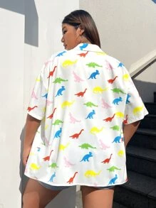 SHEIN EZwear 大碼恐龍印花落肩袖襯衫 - 彩色 - 查看 2