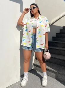 SHEIN EZwear 大碼恐龍印花落肩袖襯衫 - 彩色 - 查看 3