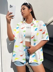 SHEIN EZwear 大碼恐龍印花落肩袖襯衫 - 彩色 - 查看 6