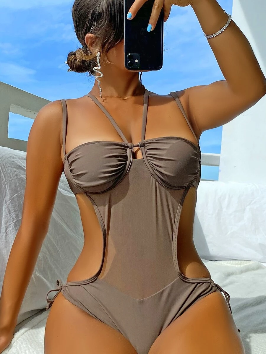 交叉鋼圈連體泳衣 - 咖啡棕 - 查看 1