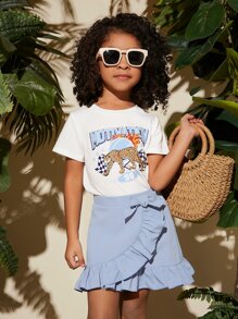 SHEIN Leap Crew Young Girl Leopard & Letter Graphic Tee & Ruffle Trim Knot Side Skirt - Blue and White - View 4