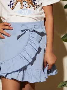 SHEIN Leap Crew Young Girl Leopard & Letter Graphic Tee & Ruffle Trim Knot Side Skirt - Blue and White - View 2