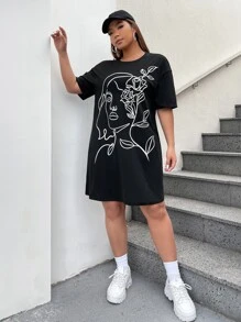 SHEIN EZwear Đầm Plus Size Con số Giải trí - màu đen - Xem 3