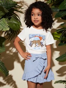 SHEIN Leap Crew Young Girl Leopard & Letter Graphic Tee & Ruffle Trim Knot Side Skirt - Blue and White - View 3