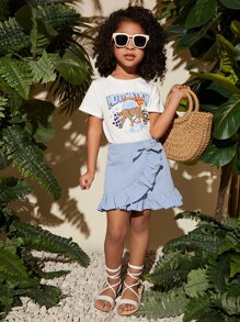 SHEIN Leap Crew Young Girl Leopard & Letter Graphic Tee & Ruffle Trim Knot Side Skirt - Blue and White - View 1