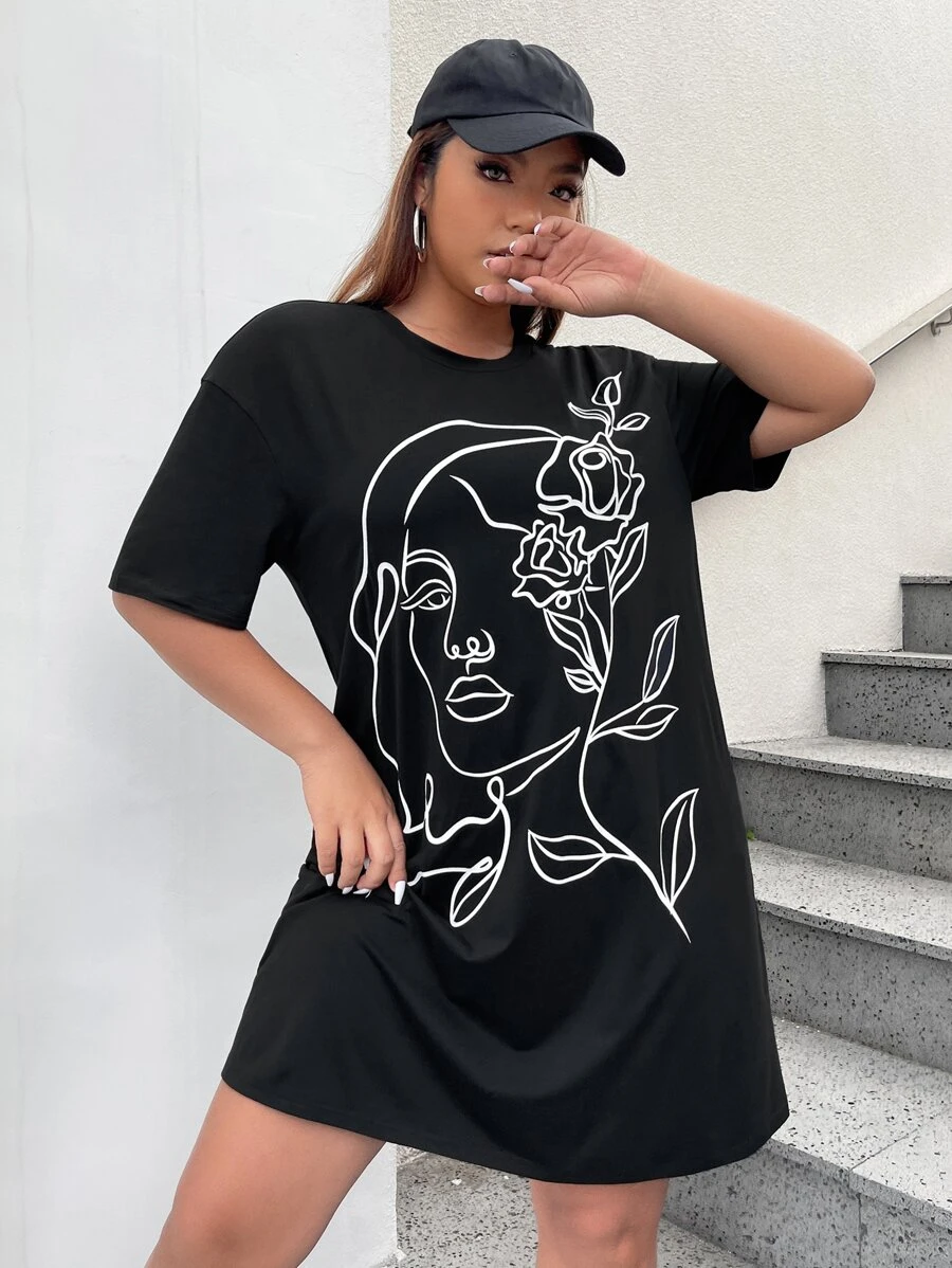 SHEIN EZwear Đầm Plus Size Con số Giải trí - màu đen - Xem 1