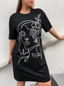 SHEIN EZwear Đầm Plus Size Con số Giải trí - màu đen - Xem 5