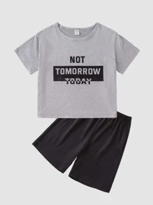 Boys Letter Graphic Tee & Shorts PJ Set - Multicolor - View 1