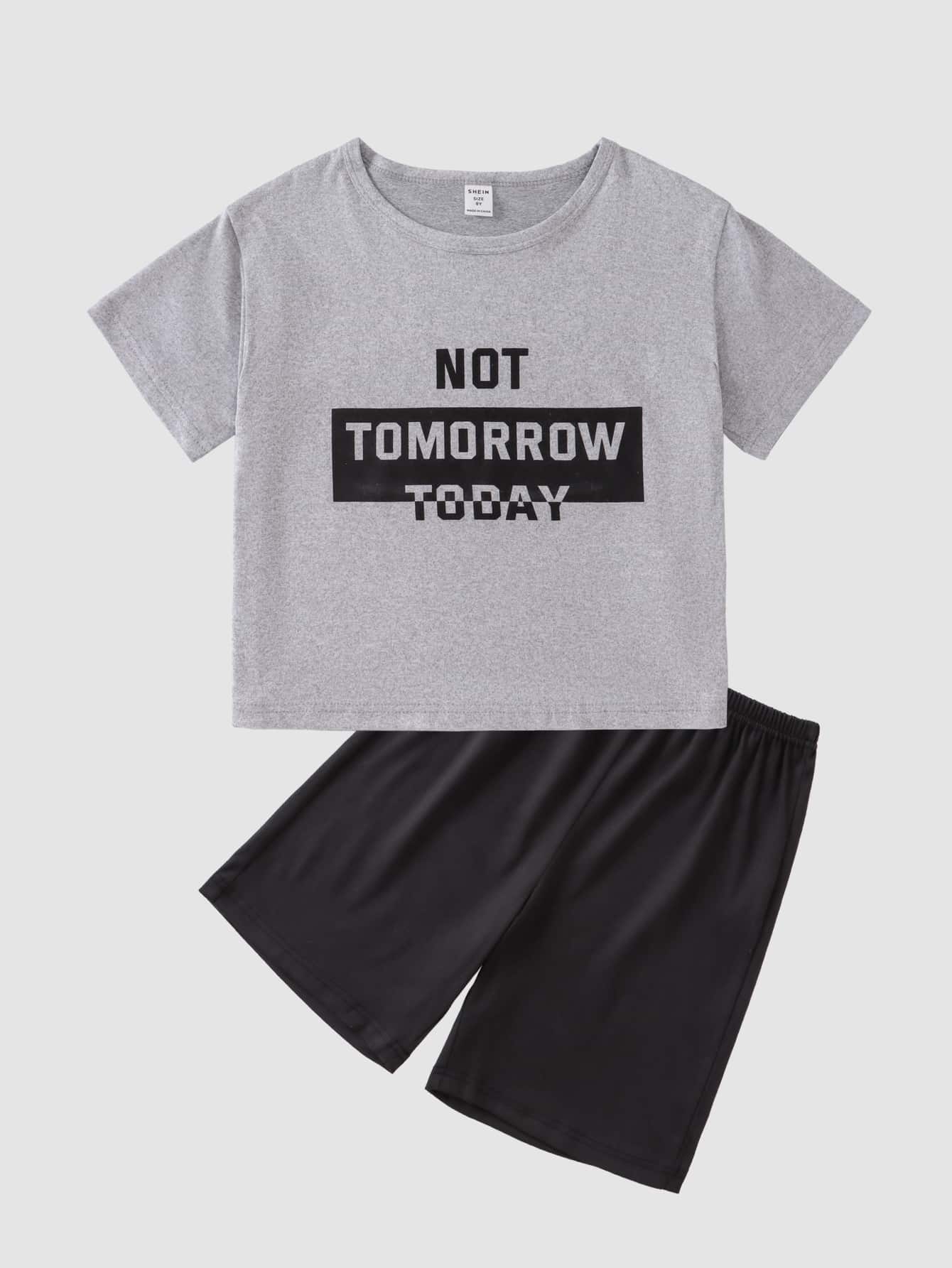 Boys Letter Graphic Tee & Shorts PJ Set - Multicolor - View 1