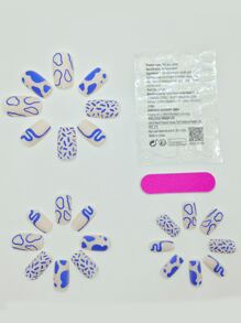 Get Glamorous with 24pcs Short Square Graphic Blue Geometric Pattern Matte Fake Nail & 1pc Nail File & 1sheet Tape - Multicolor - View 3
