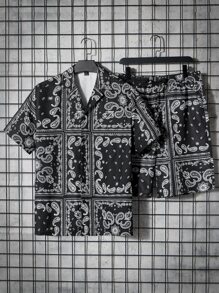 Manfinity RSRT 男士佩斯利印花襯衫和短褲 - 黑與白 - 查看 1