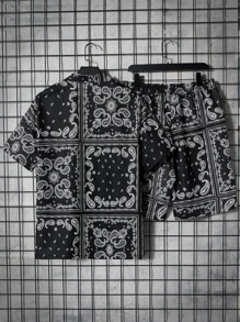 Manfinity RSRT 男士佩斯利印花襯衫和短褲 - 黑與白 - 查看 2