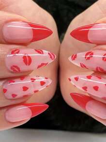 24pcs Short Almond Lip Pattern Fake Nail & 1pc Nail File & 1sheet Tape - Multicolor - View 1