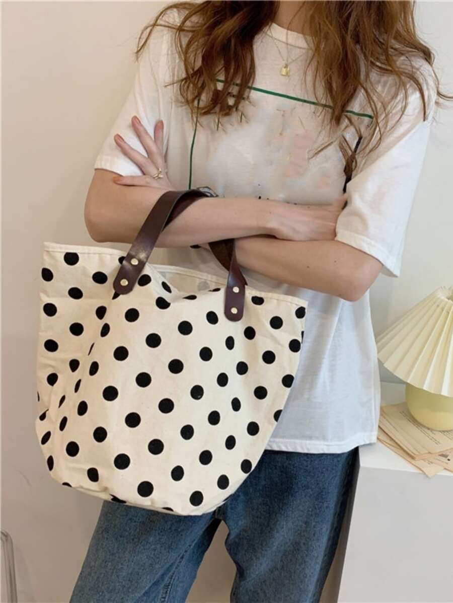 圓點圖案購物包書包適合畢業生、青少年女孩、新生、大二、大三和大四學生、大學和高中，非常適合戶外、旅行和返校 - 黑與白 - 查看 1