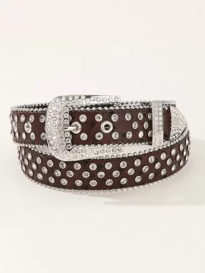 鴕鳥壓花水鑽裝飾幾何搭扣皮帶