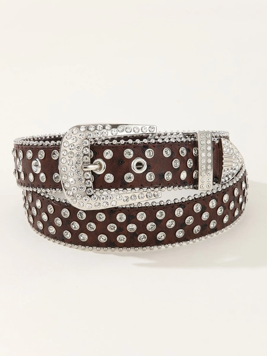 鴕鳥壓花水鑽裝飾幾何搭扣皮帶