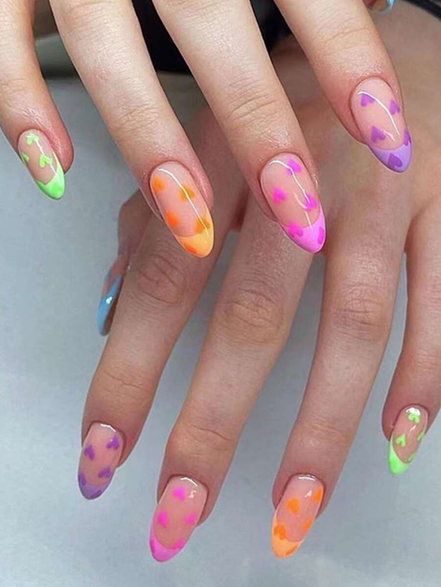 Get Glamorous with 24pcs Short Almond Iridescent French Heart Pattern Fake Nail & 1pc Nail File & 1sheet Tape - Multicolor - View 1