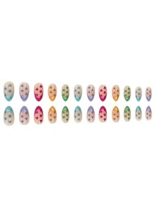 Get Glamorous with 24pcs Short Almond Iridescent French Heart Pattern Fake Nail & 1pc Nail File & 1sheet Tape - Multicolor - View 5