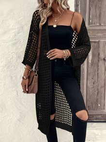 EMERY ROSE Hollow Out Drop Shoulder Cardigan - Black - View 4