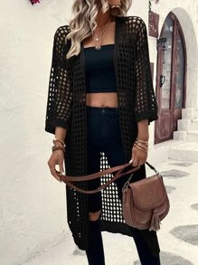 EMERY ROSE Hollow Out Drop Shoulder Cardigan - Black - View 5