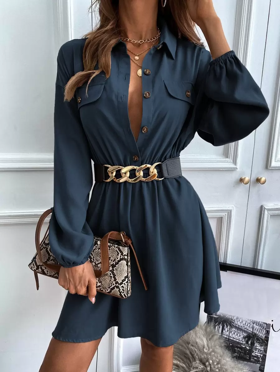 Chiquease Robe chemise manches bouffantes à rabat (sans ceinture) - Bleu marine - Voir 1