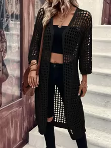 EMERY ROSE Hollow Out Drop Shoulder Cardigan - Black - View 6