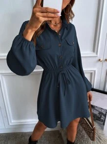 Chiquease Robe chemise manches bouffantes à rabat (sans ceinture) - Bleu marine - Voir 4