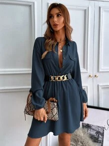 Chiquease Robe chemise manches bouffantes à rabat (sans ceinture) - Bleu marine - Voir 5