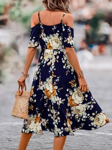 Breezaya 印花挖肩圍裹連衣裙 - 藏蓝色 - 查看 2