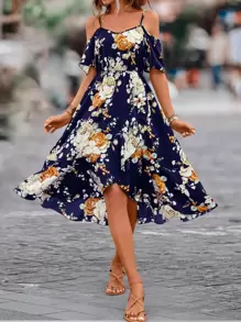 Breezaya 印花挖肩圍裹連衣裙 - 藏蓝色 - 查看 5