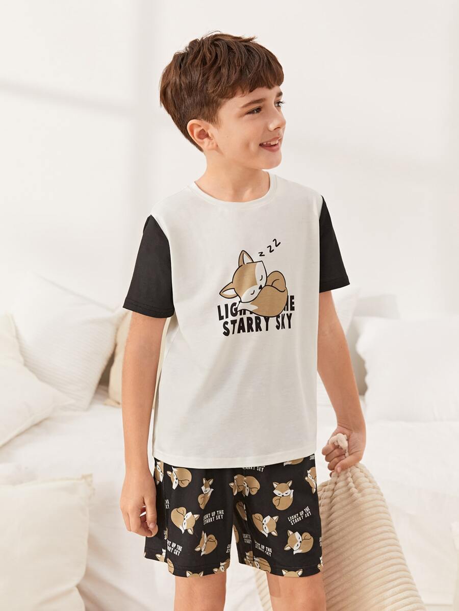 SHEIN Boys Cartoon & Slogan Graphic PJ Set - Multicolor - View 1