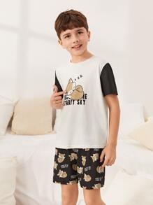 SHEIN Boys Cartoon & Slogan Graphic PJ Set - Multicolor - View 3