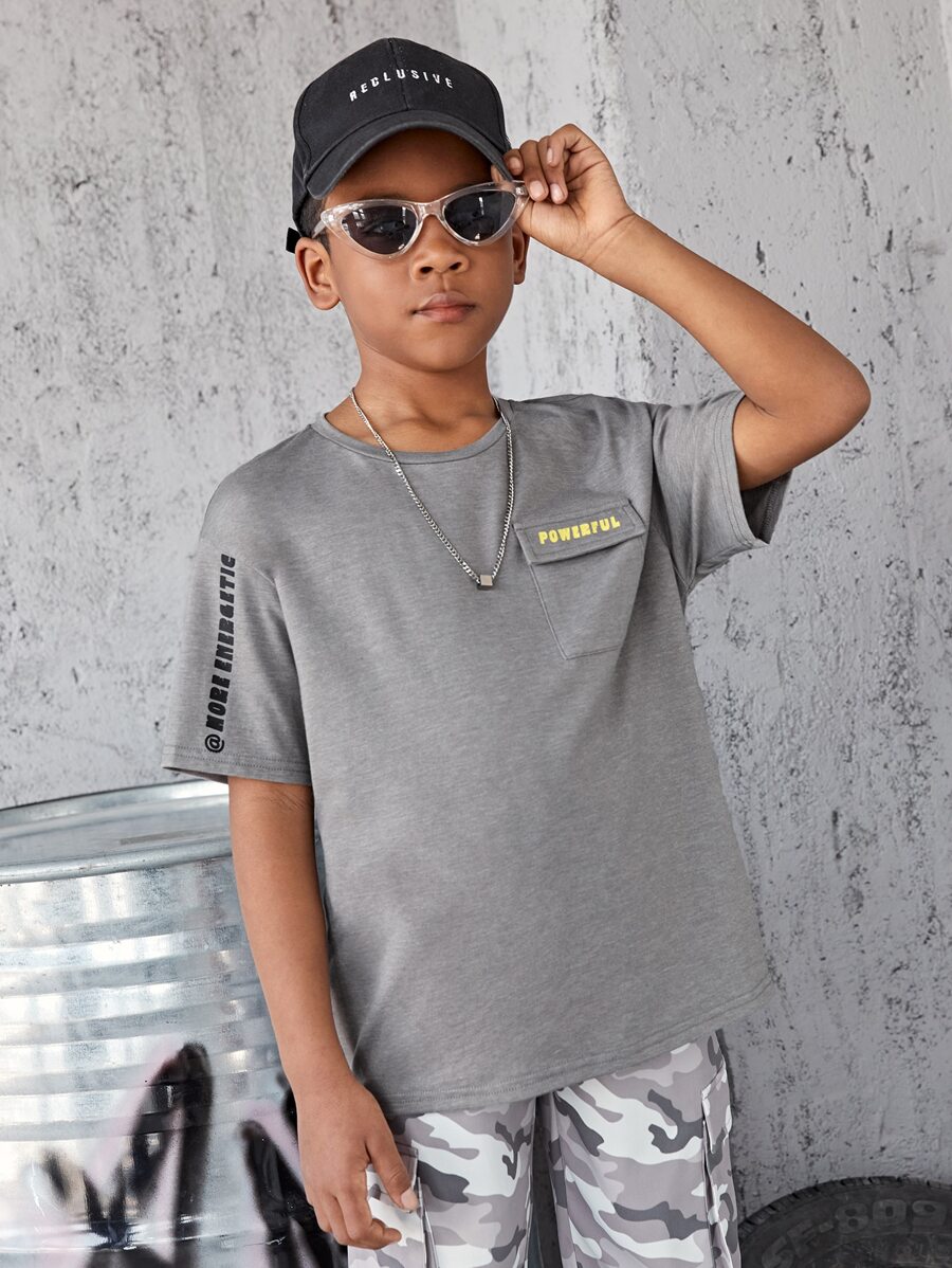 SHEIN Tops con trai Túi Lá thư Giải trí - Xám - Xem 1