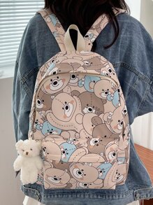 卡通熊圖案背包帶袋飾書包適合畢業生、青少年女孩、新生、大二、初中和高中學生、大學和高中，非常適合戶外、旅行和返校 - 彩色 - 查看 1