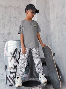 SHEIN Tops con trai Túi Lá thư Giải trí - Xám - Xem 4