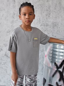 SHEIN Tops con trai Túi Lá thư Giải trí - Xám - Xem 5