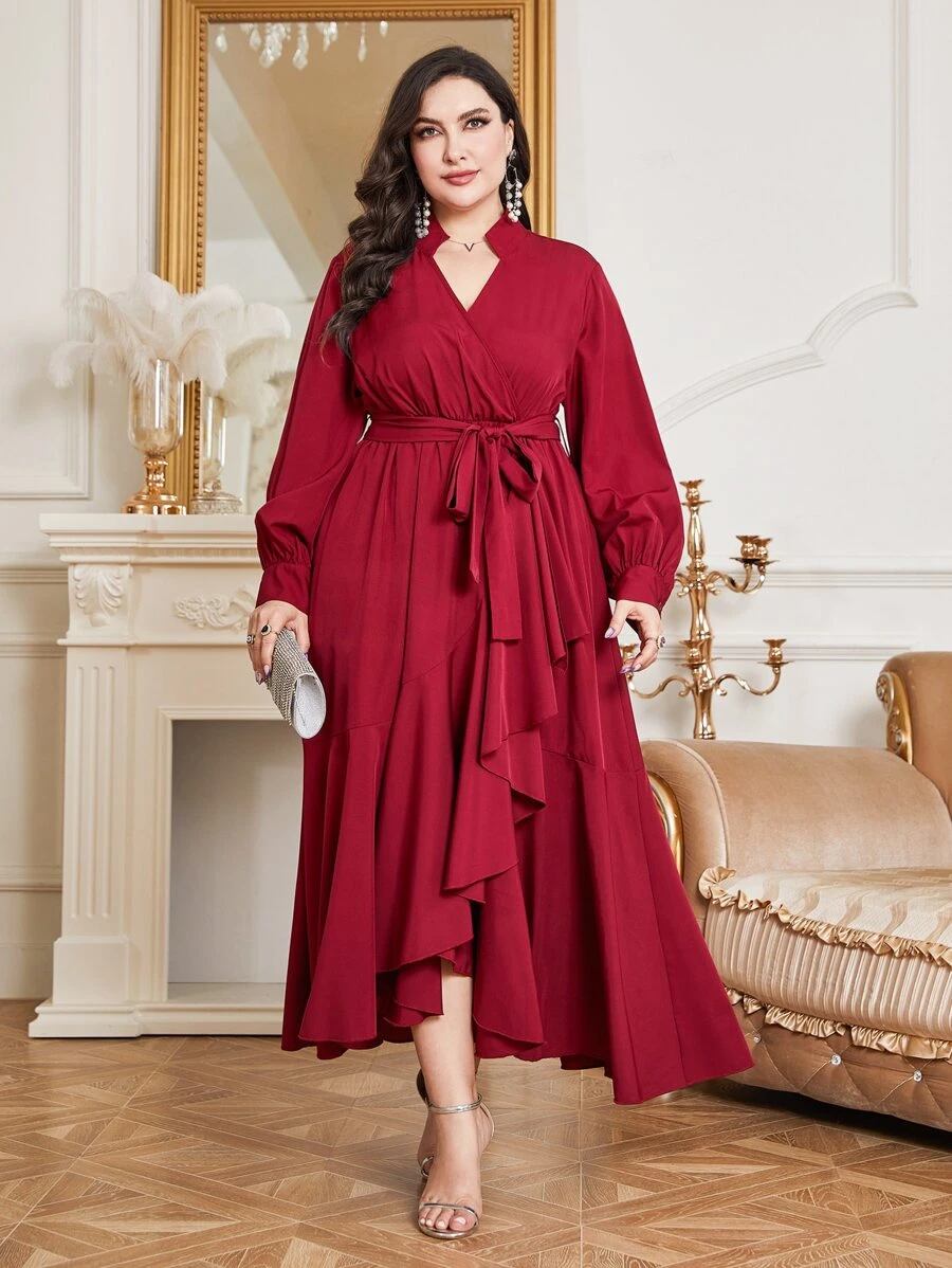 Mulvari Vestido cruzado con volantes, cinturón y bajo envolvente en color rojo burdeos - Burdeos - Ver 1