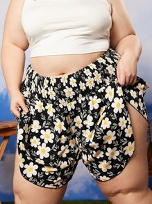 SHEIN CURVE+ Quần Short kích thước lớn Dải chun Hoa Tất cả trên in Boho - màu đen - Xem 1