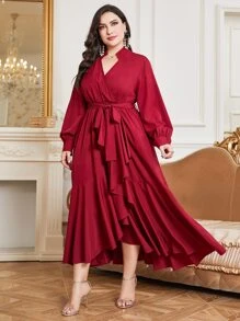 Mulvari Vestido cruzado con volantes, cinturón y bajo envolvente en color rojo burdeos - Burdeos - Ver 4