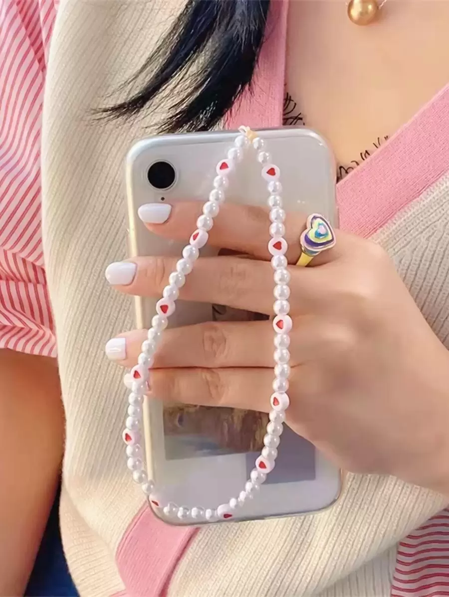 1入組愛心細節珍珠串珠手機掛繩