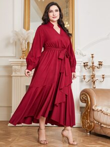 Mulvari Vestido cruzado con volantes, cinturón y bajo envolvente en color rojo burdeos - Burdeos - Ver 6