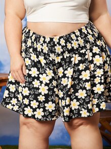 SHEIN CURVE+ Quần Short kích thước lớn Dải chun Hoa Tất cả trên in Boho - màu đen - Xem 4