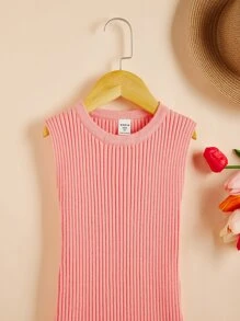 Niñas Vestido de punto tejido de canalé bajo con fruncido - Rosa - Ver 4
