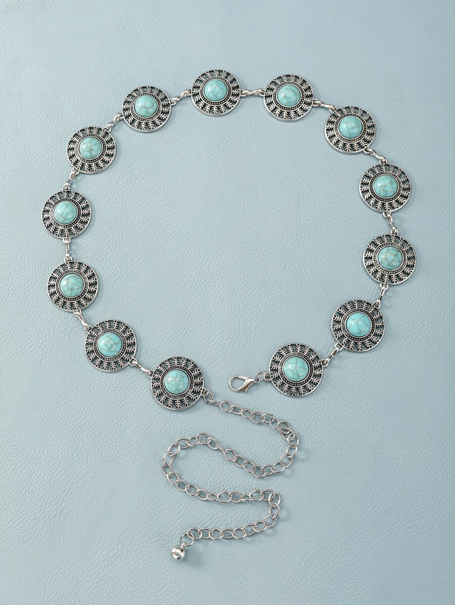 綠松石裝飾鏈條腰帶 - 銀色 - 查看 1