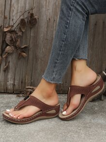 夏季简约小众休闲女士坡跟人字凉鞋 - 鏽棕色 - 查看 5