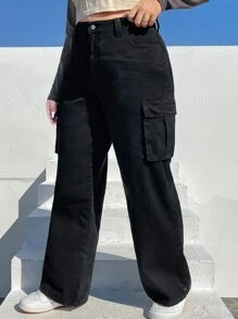 SHEIN EZwear 大碼側翻蓋口袋工裝褲不附腰帶 - 黑色 - 查看 3