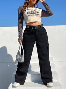 SHEIN EZwear 大碼側翻蓋口袋工裝褲不附腰帶 - 黑色 - 查看 5