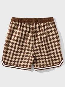ROMWE MEN Prep Men Checker Print Striped Trim Drawstring Waist Basketball Shorts, School - Multicolor - View 2