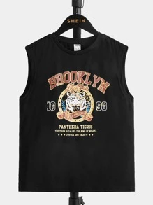 SHEIN Boys Slogan & Tiger Print Tank Top - Black - View 1