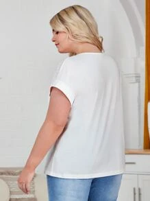 SHEIN LUNE 大碼蕾絲拼接肩部蝙蝠袖T恤 - 白色 - 查看 5